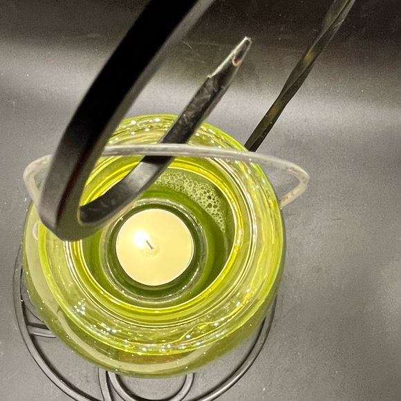 Outdoor glass tea light hanging lantern globe yellow bulbous indent candle - Picture 3 of 13